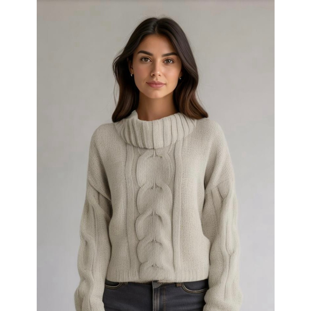 Seven7 Women's Cable Knit Sweater Turtleneck Beige XL Long Sleeve‎ Ribbed Collar